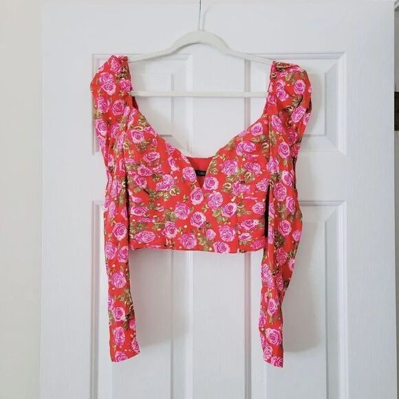 Zara Red Pink Floral Cropped Blouse - Picture 1 of 13